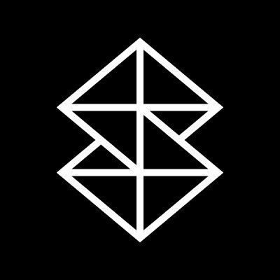 White geometric logo with intersecting lines forming a diamond shape on a black background.