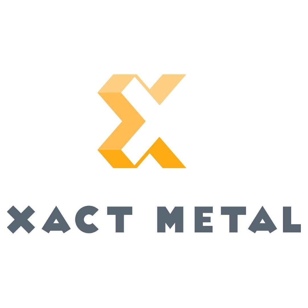 Xact Metal logo with stylized orange X above bold gray lettering on white background.